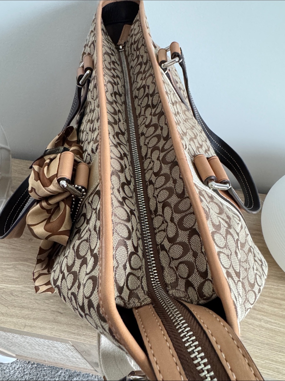 NWOT Coach Monogram Canvas Shoulder Tote with Tan Leather and Gold Stripe Scarf - Picture 7 of 16